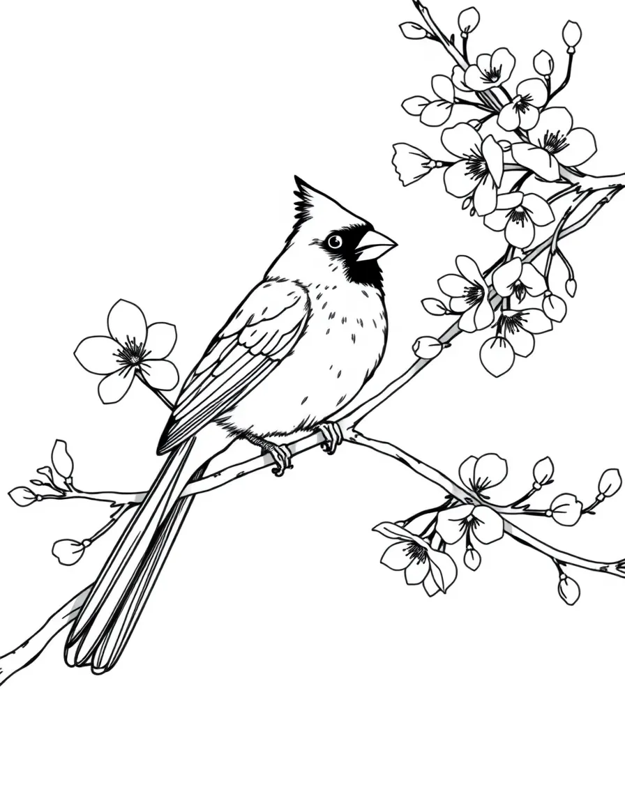 A cardinal sitting on a blooming cherry blossom tree  