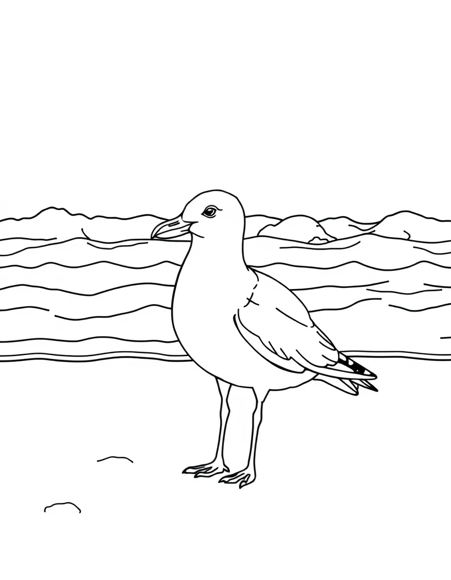 A seagull standing on the beach with ocean waves behind it  