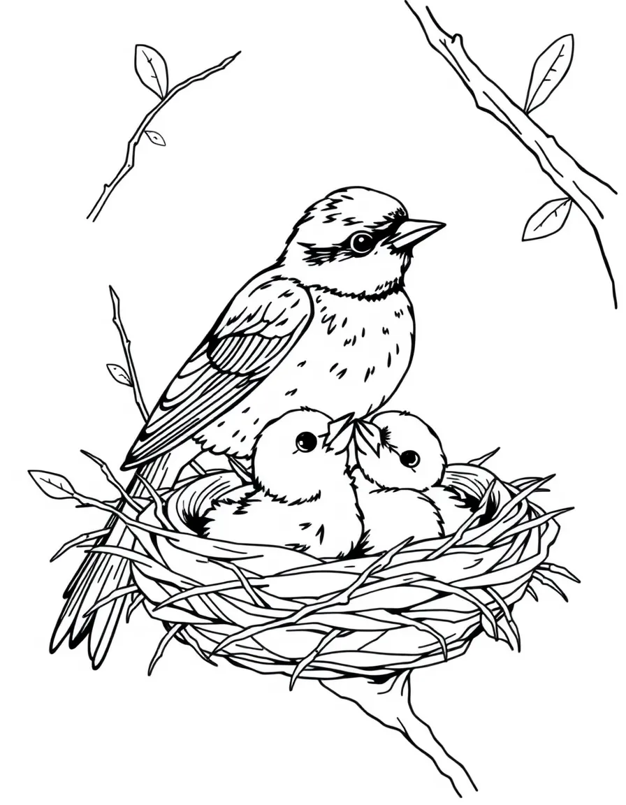 A mother sparrow feeding her chicks in a nest  