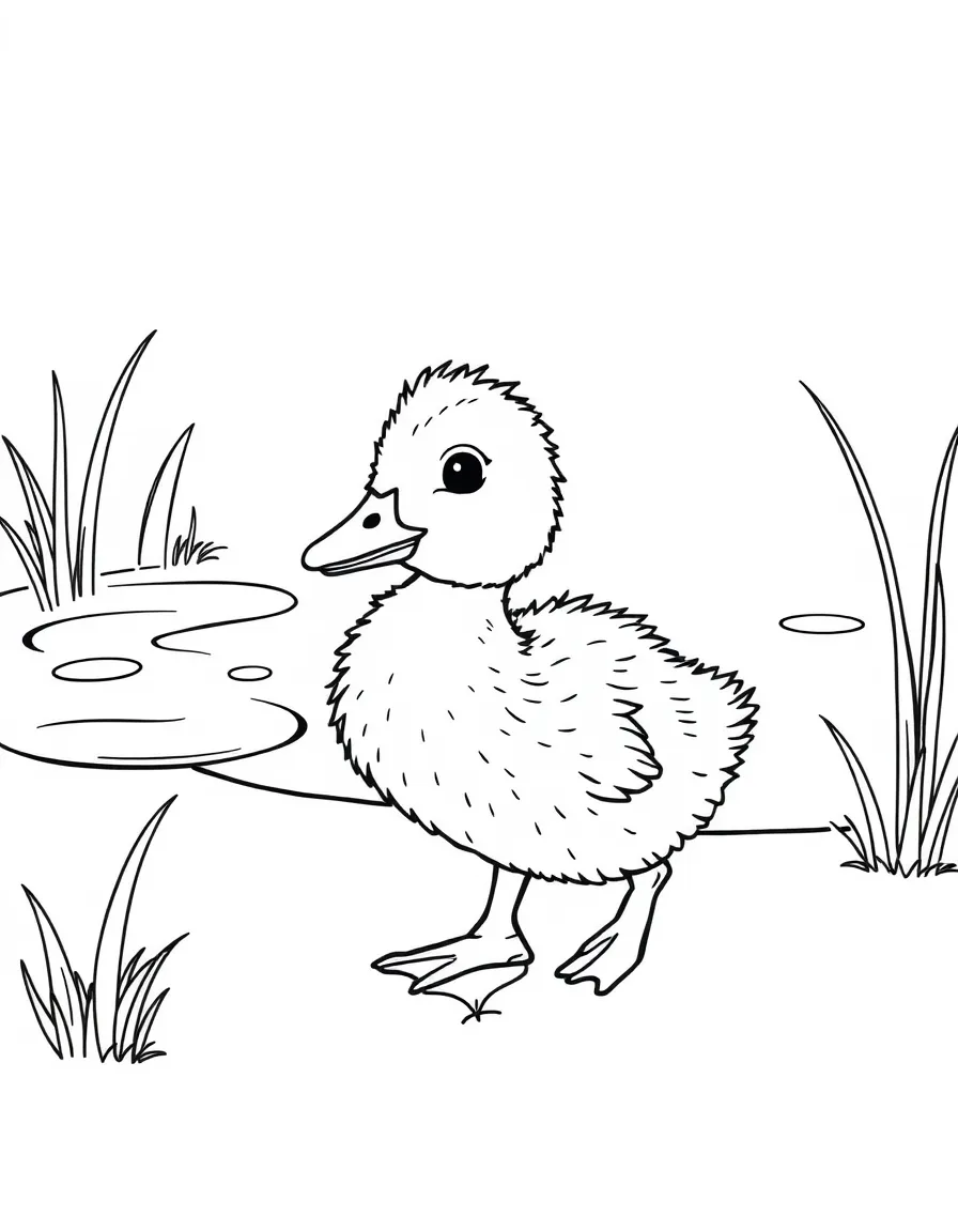 A baby duckling waddling near a pond  