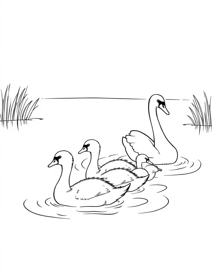 A group of baby swans following their mother on a lake  