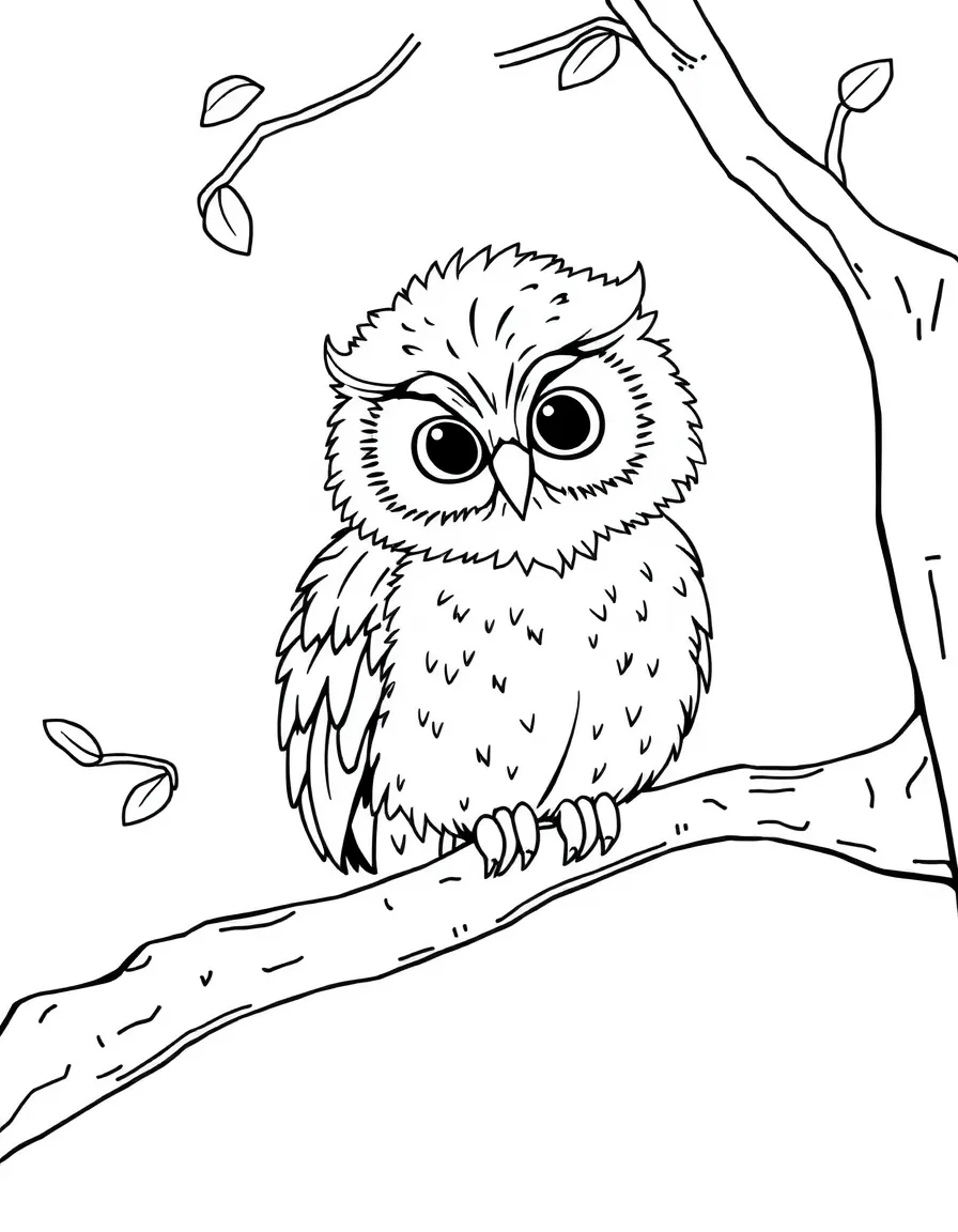 A fluffy baby owl sitting on a tree branch  