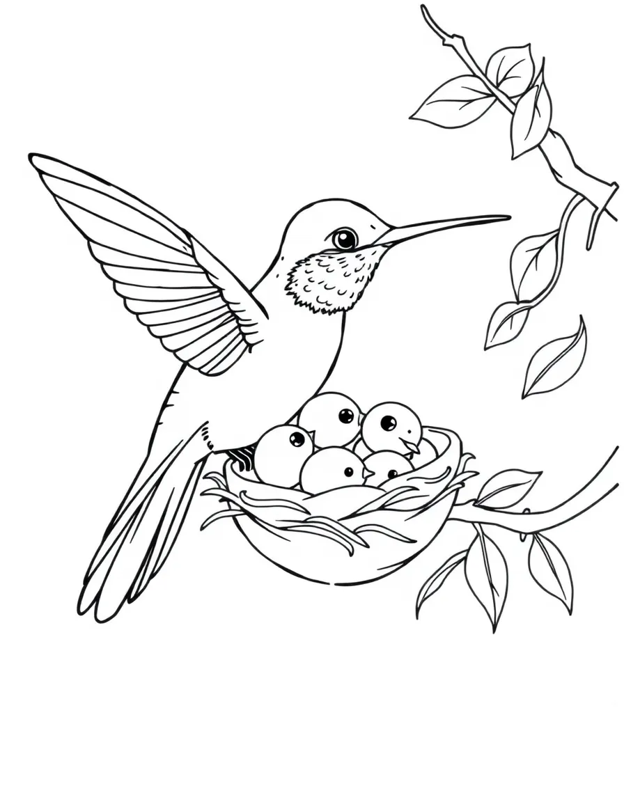 A hummingbird feeding its tiny babies in a nest  