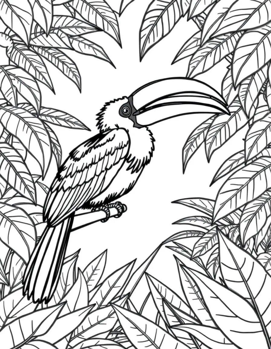 A hornbill with a large beak in a tropical jungle  