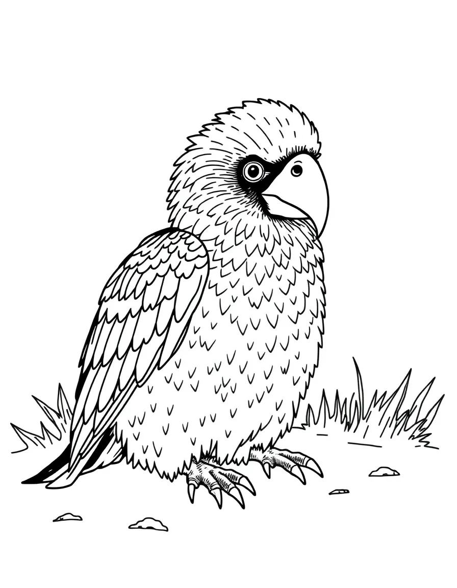 A kakapo, the rare nocturnal parrot, sitting on the ground  
