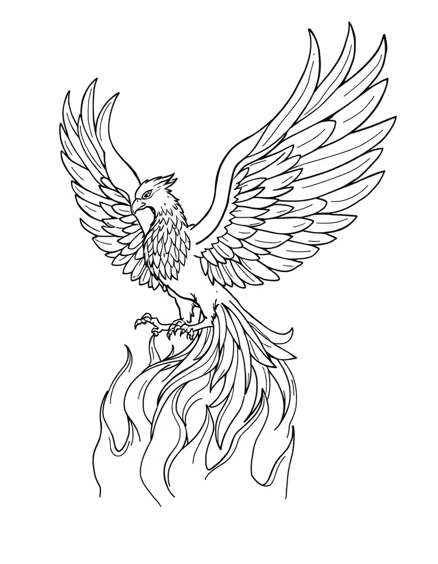 A phoenix rising from flames with glowing feathers  