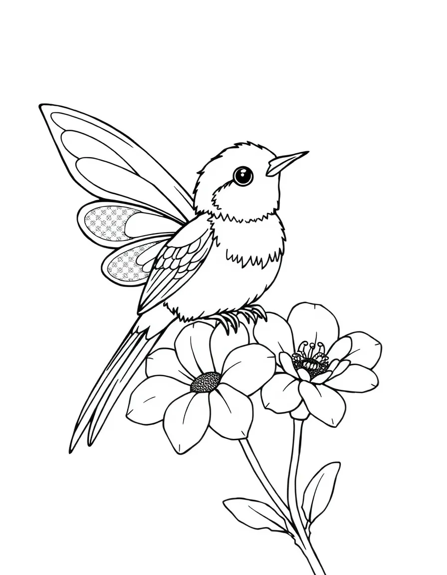 A fairy bird with glittering wings sitting on a flower  