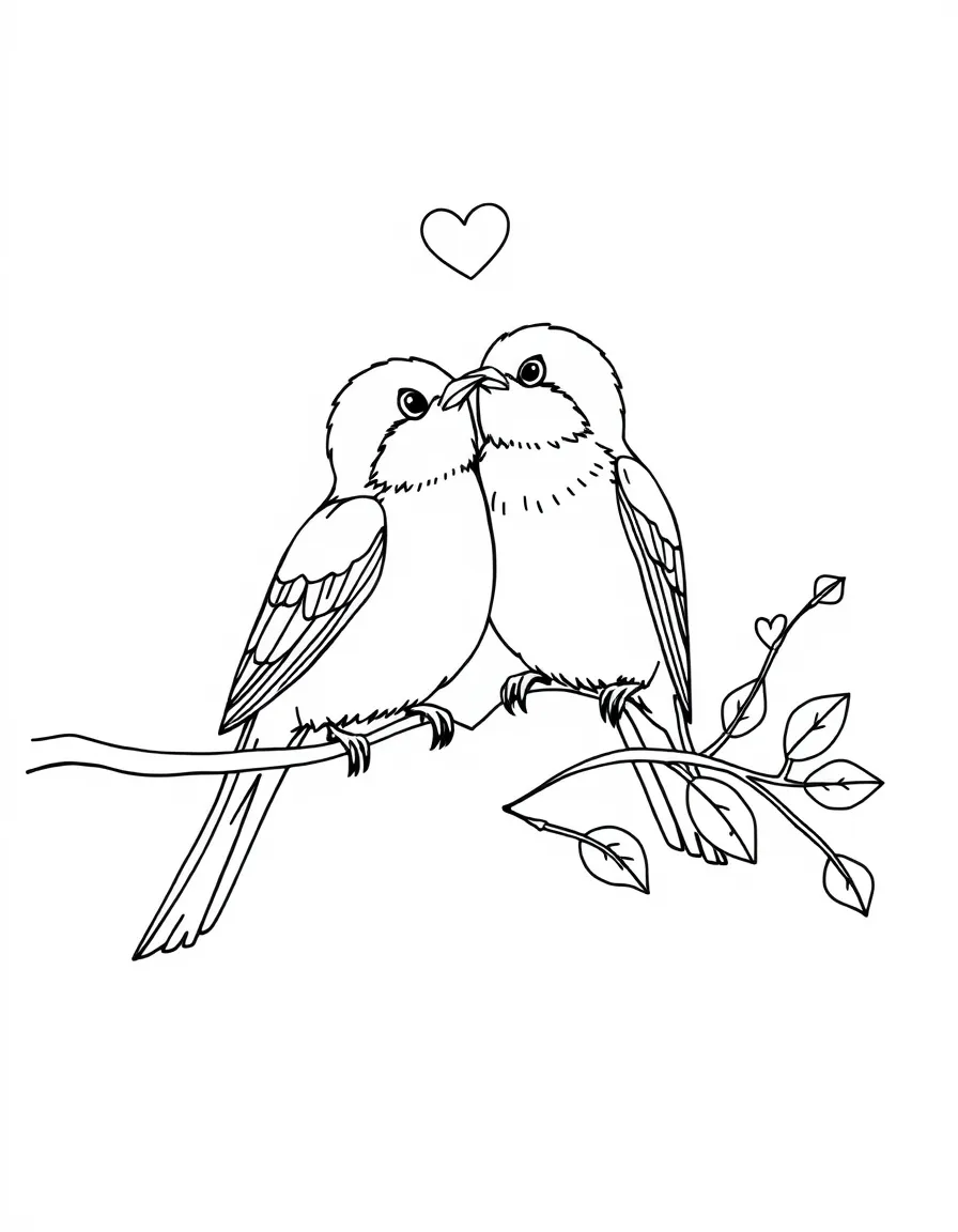 A lovebird couple sitting on a heart-shaped branch for Valentine’s Day  