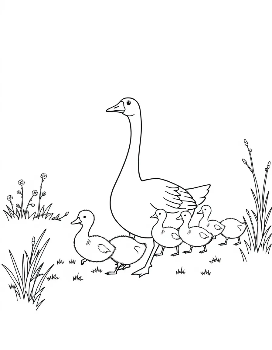 A goose leading a group of ducklings through a spring meadow  