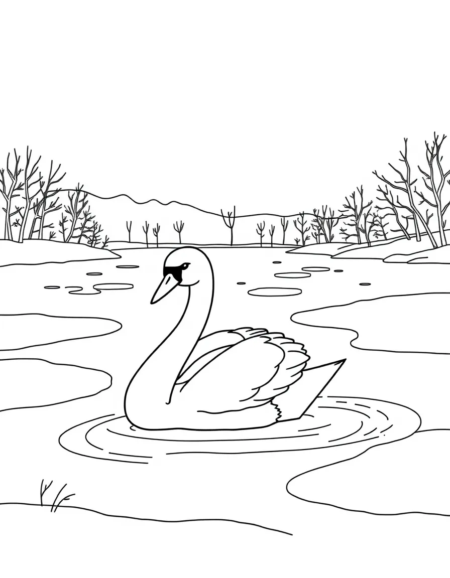 A swan gliding across a frozen lake in winter  