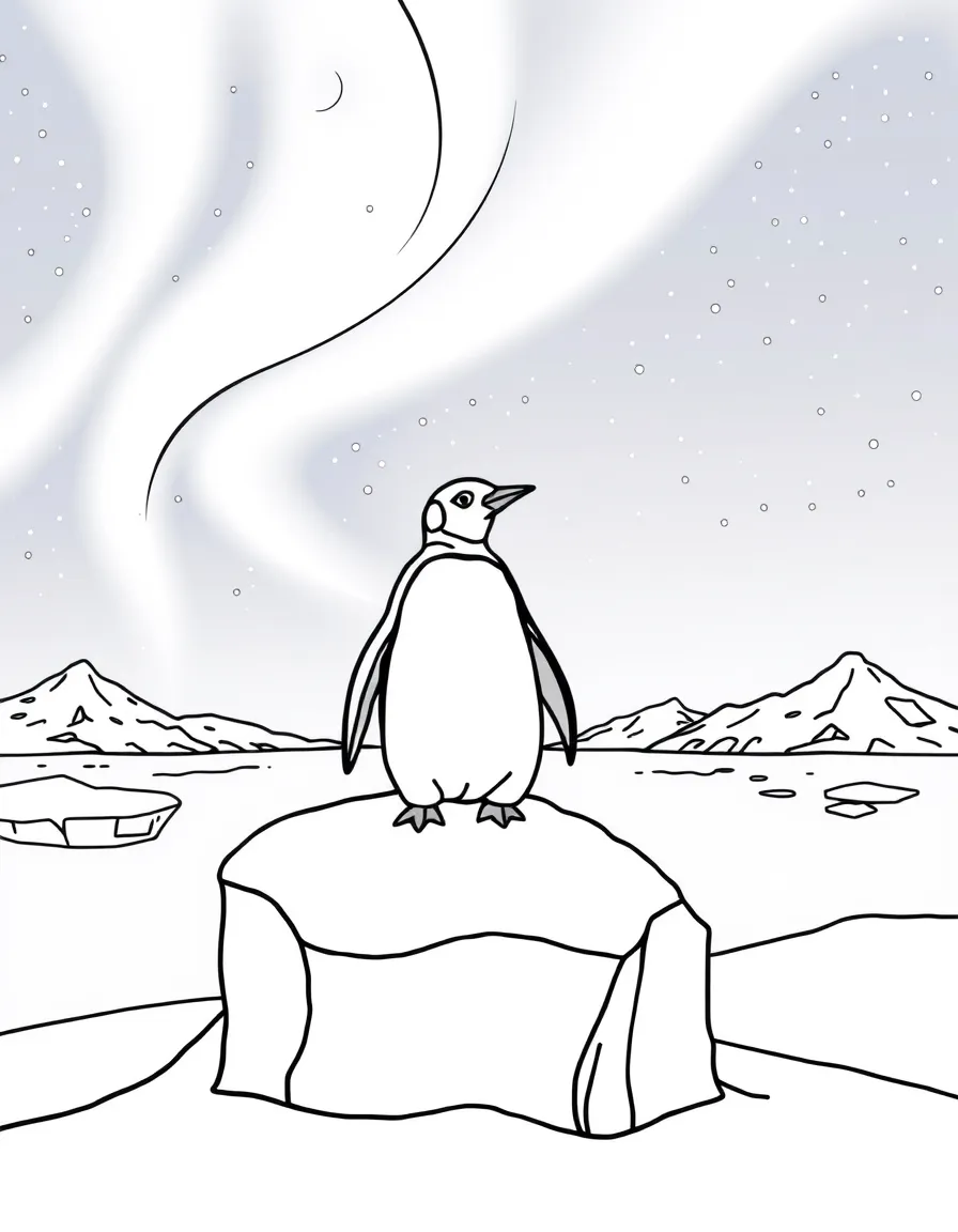 A penguin standing on an iceberg under the aurora borealis  
