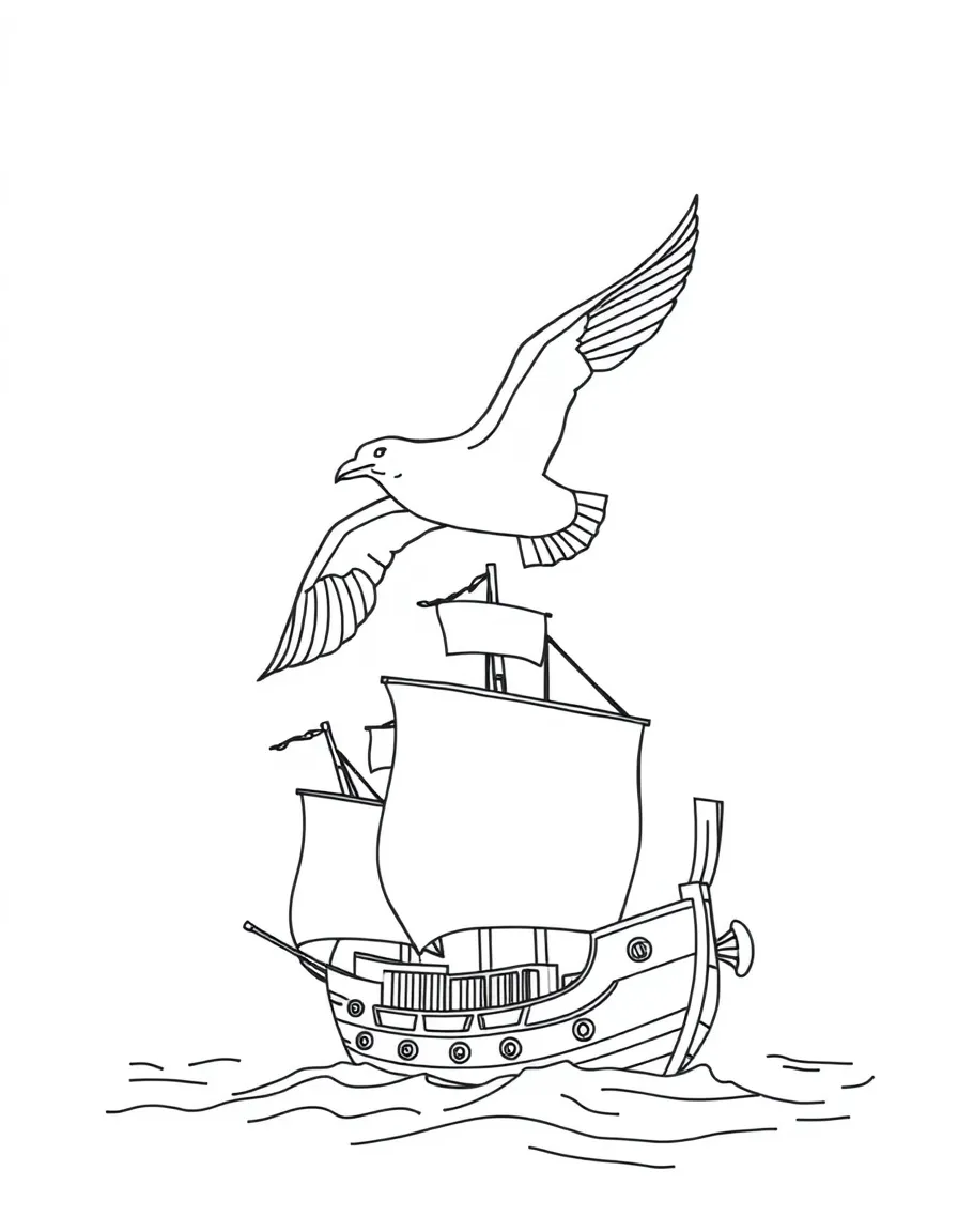 A seagull flying above a pirate ship at sea  