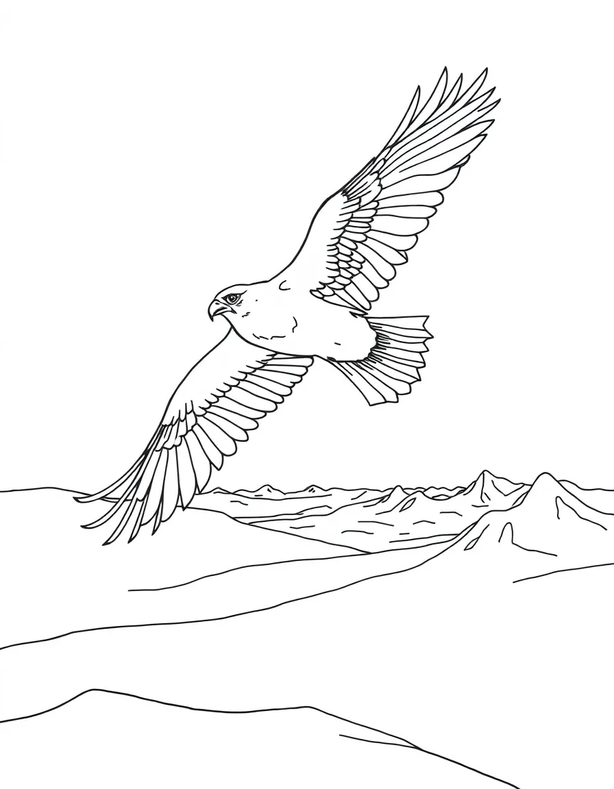 A falcon soaring above a vast desert  