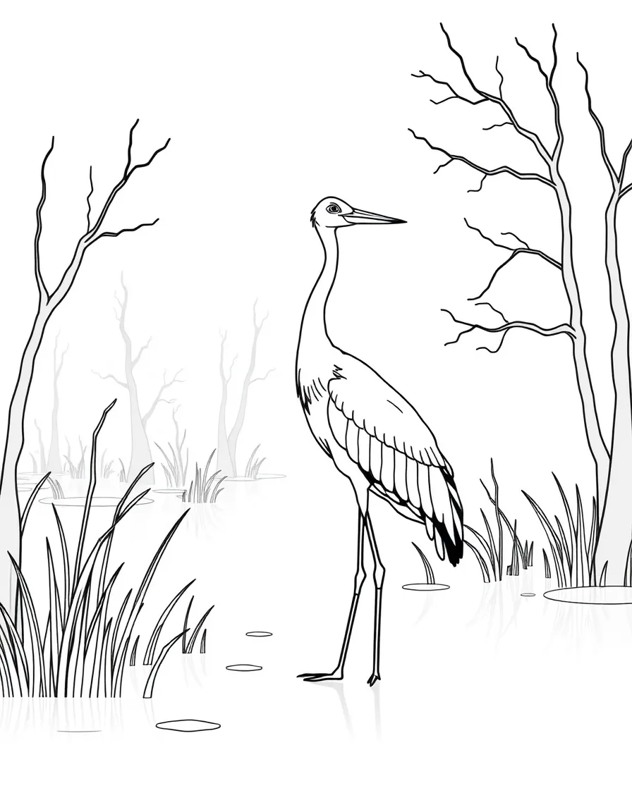 A crane standing in a misty swamp  