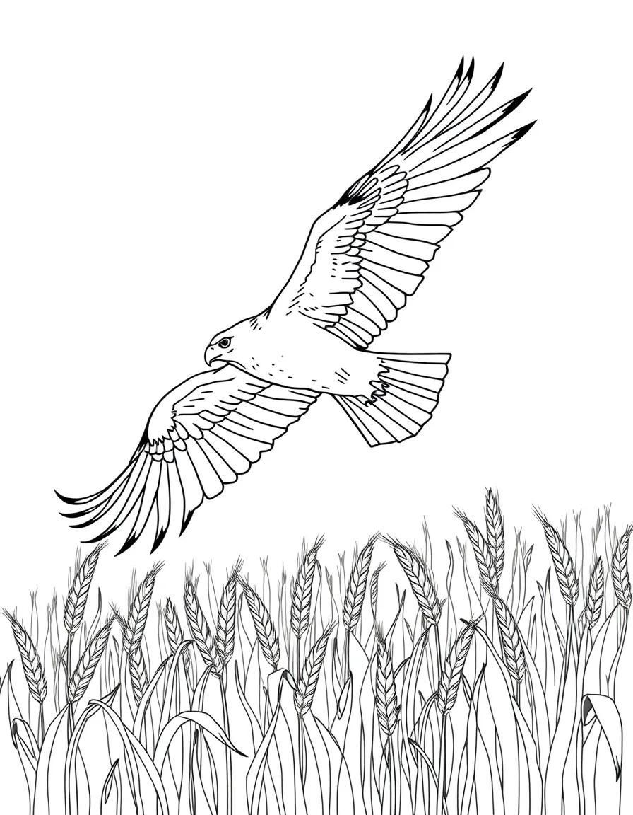 A hawk flying over a golden wheat field  