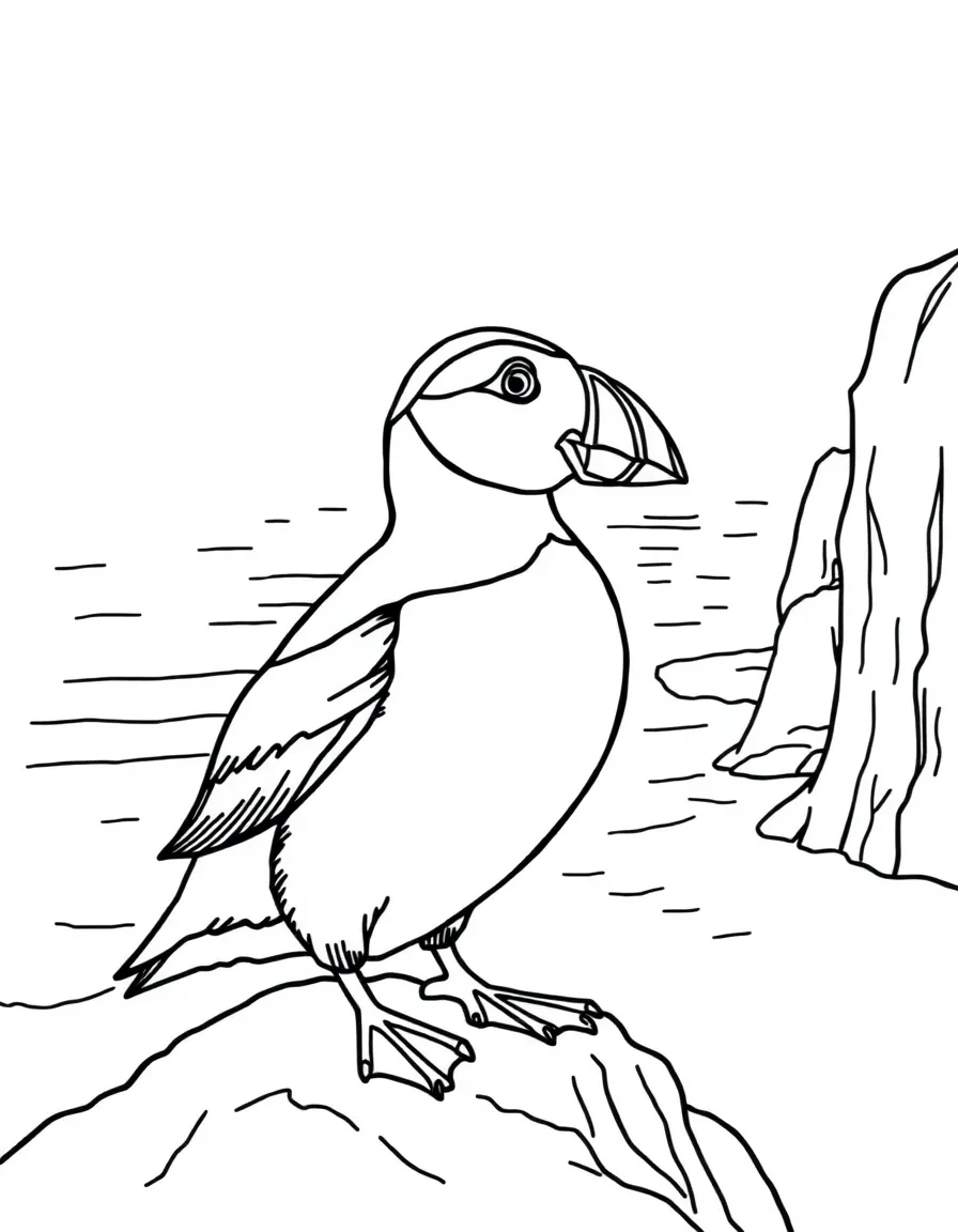A puffin standing on a rocky cliff by the ocean  