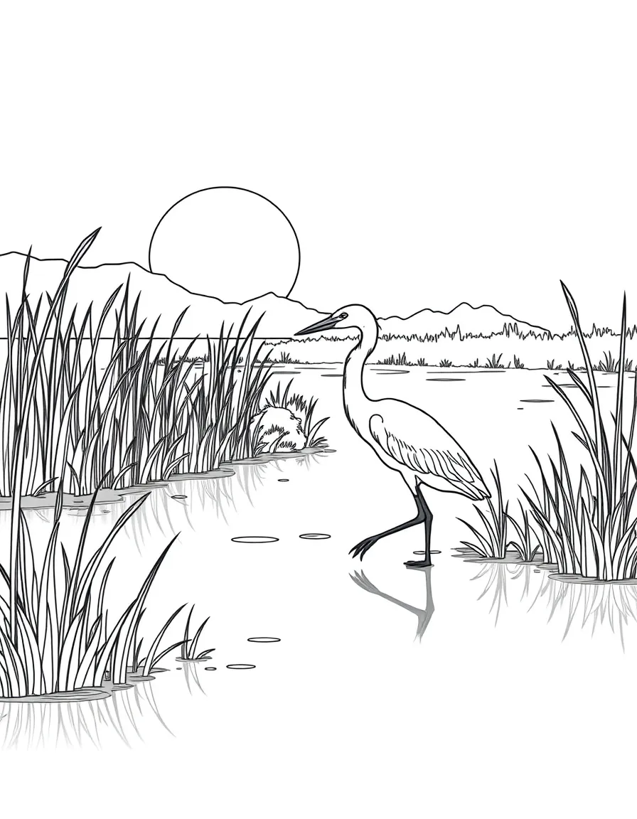 A heron walking through a quiet marsh at sunrise  