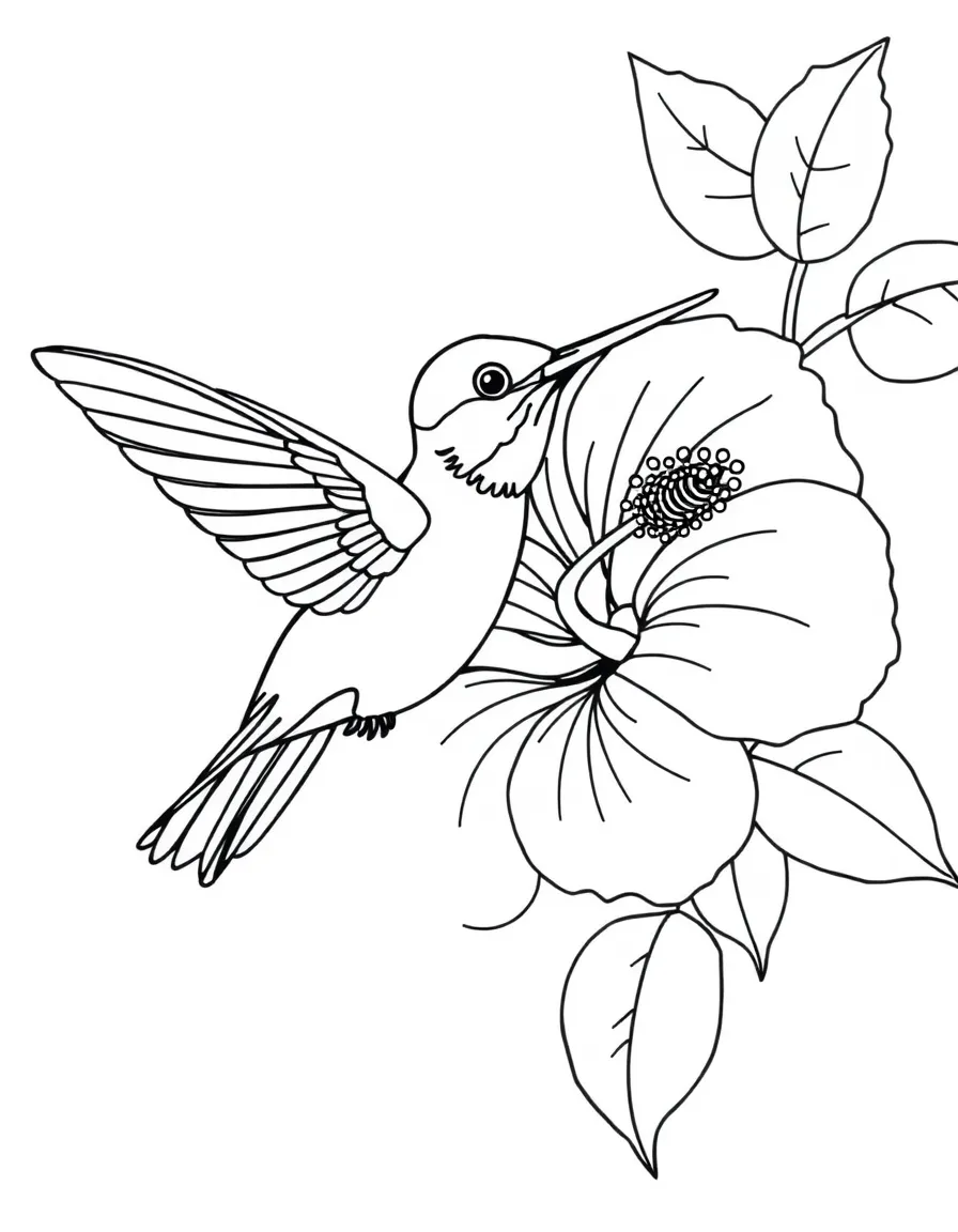 A hummingbird flying around a blooming hibiscus flower  
