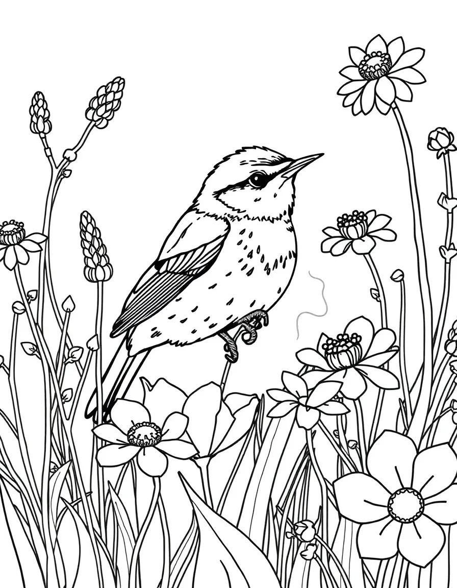 A warbler hidden among wildflowers  