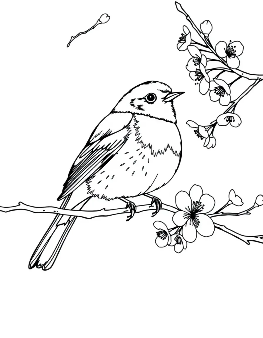 A robin perched on a cherry blossom branch  