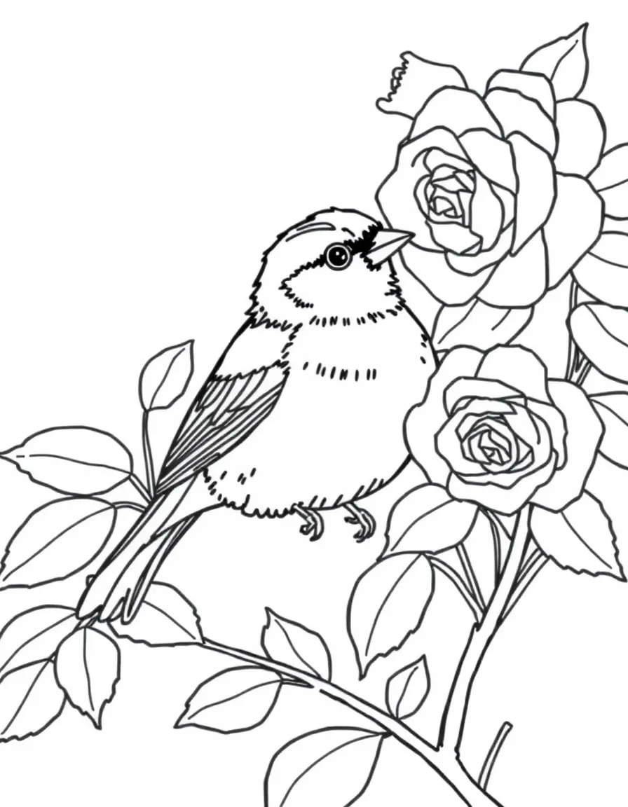 A sparrow peeking out from a rose bush  