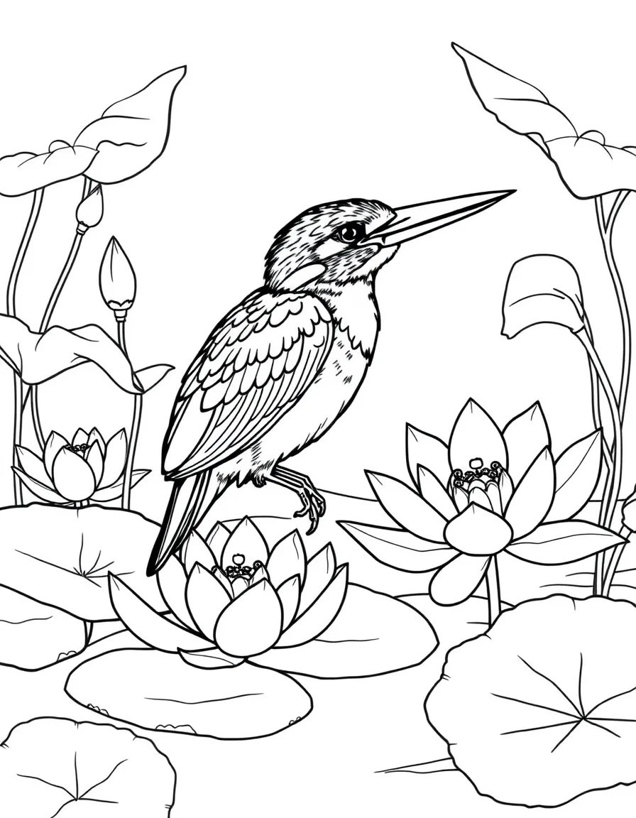 A kingfisher surrounded by lotus flowers on a pond  