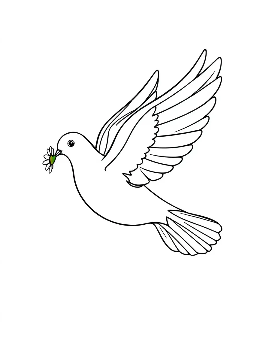 A dove flying with a daisy in its beak  