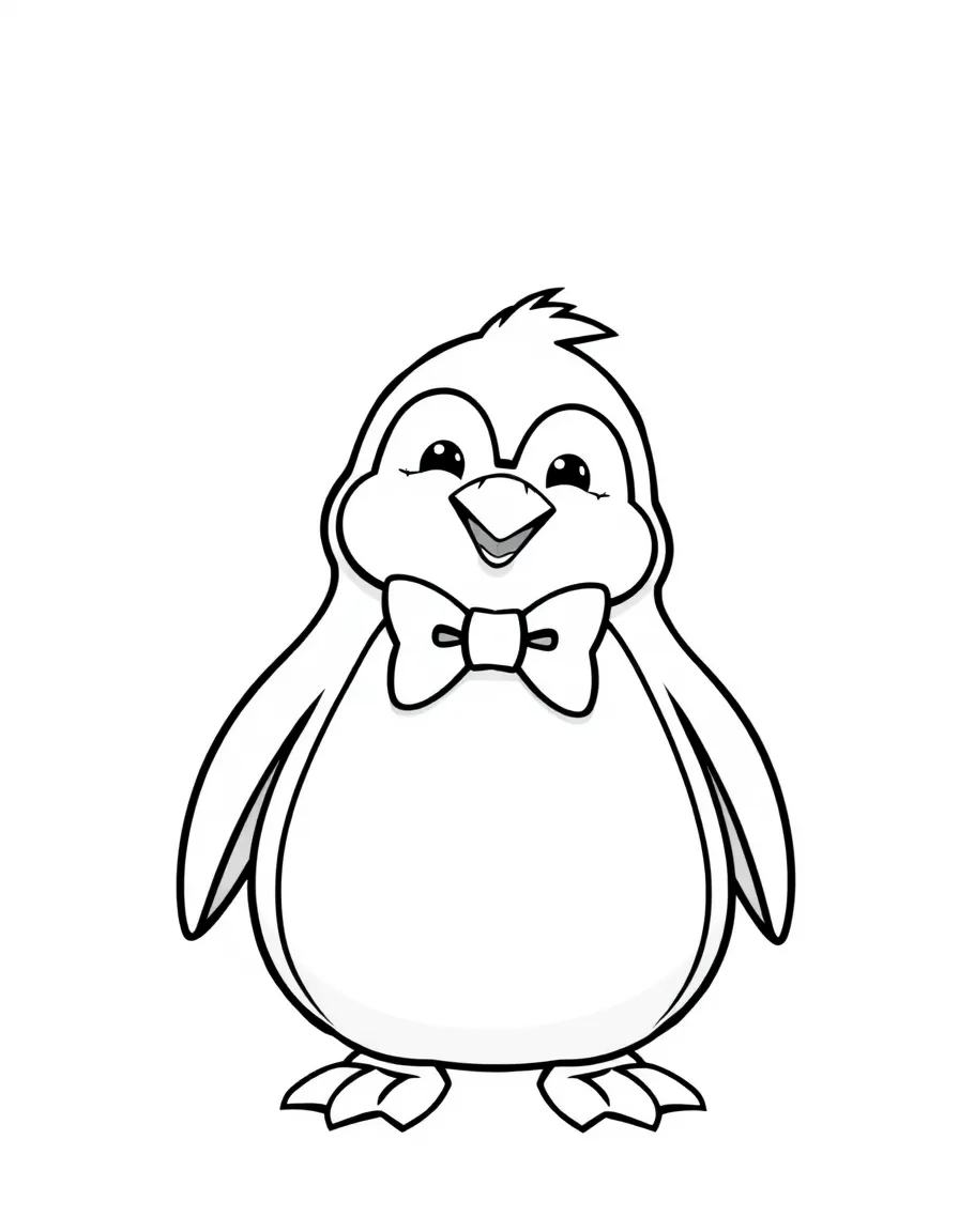 A chubby cartoon penguin wearing a bow tie  