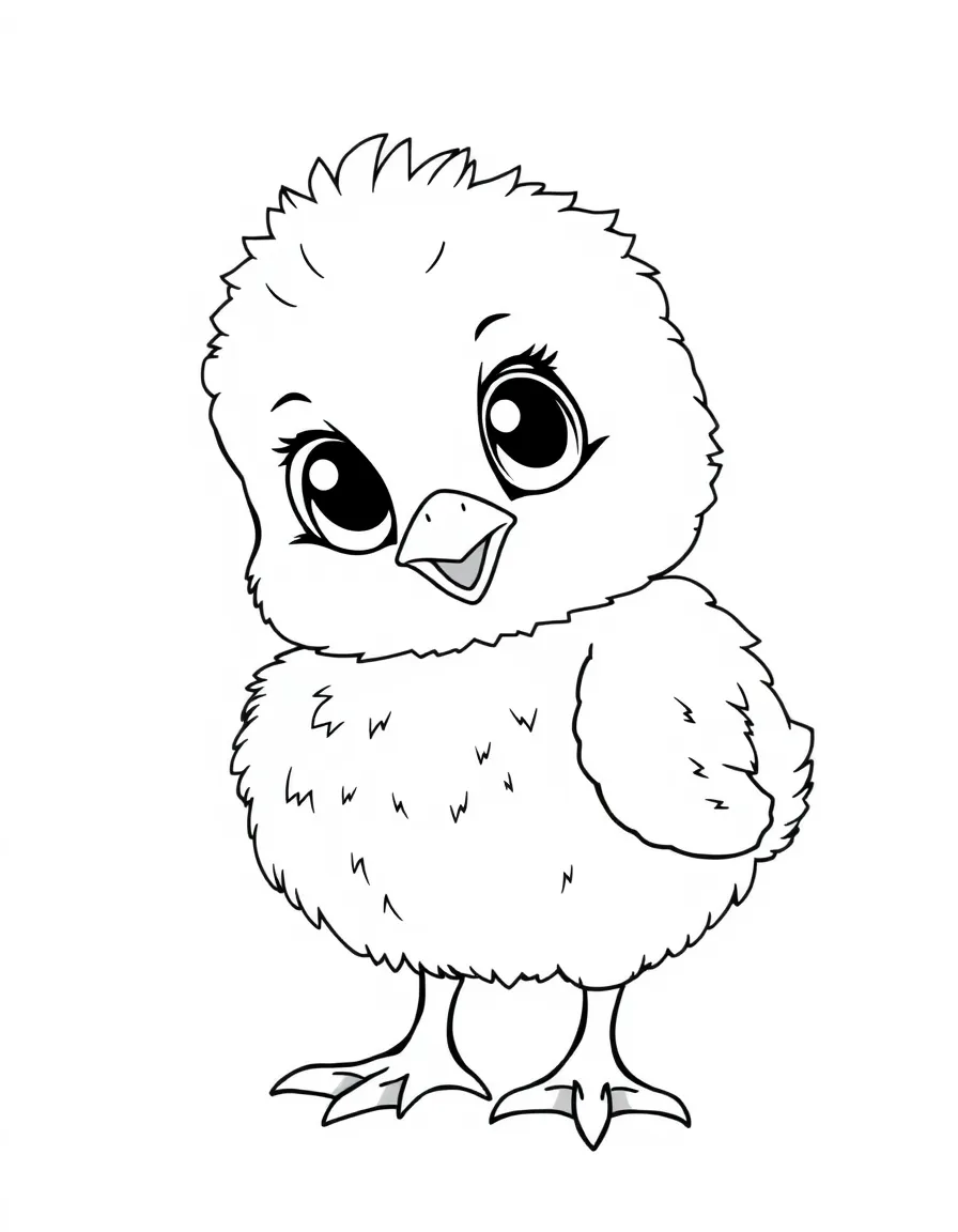 A baby chick with big eyes and fluffy feathers  