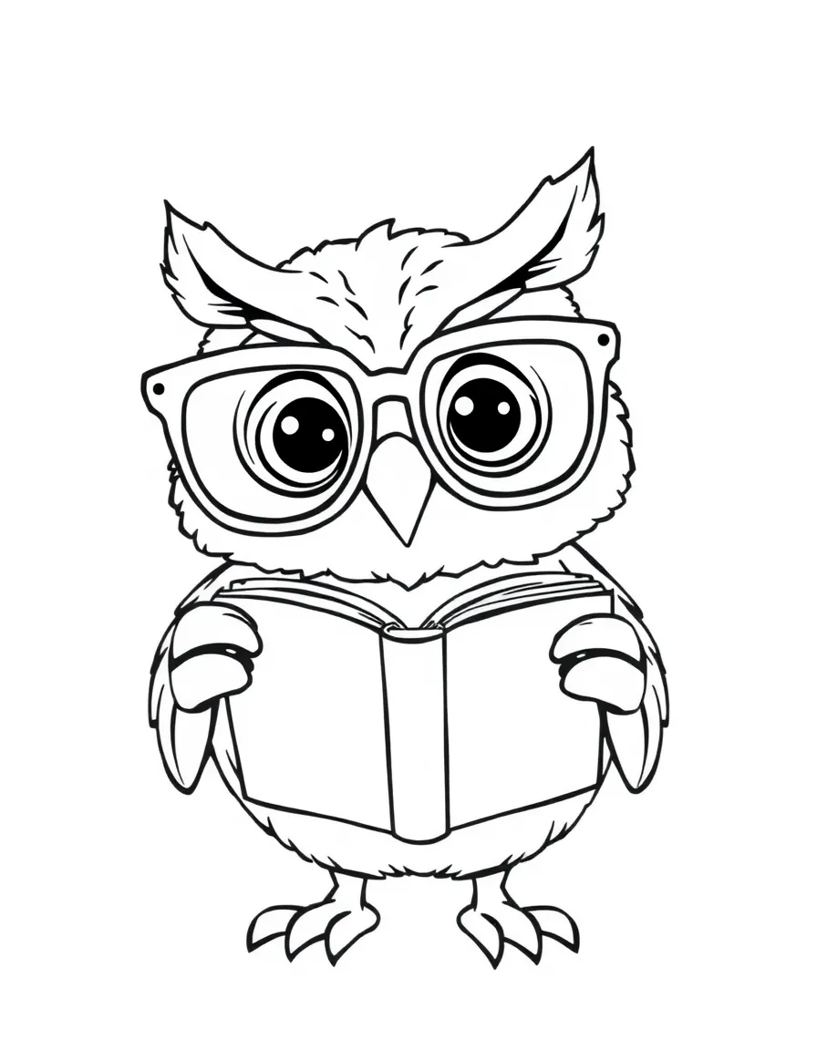 A cartoon owl with big glasses reading a book  