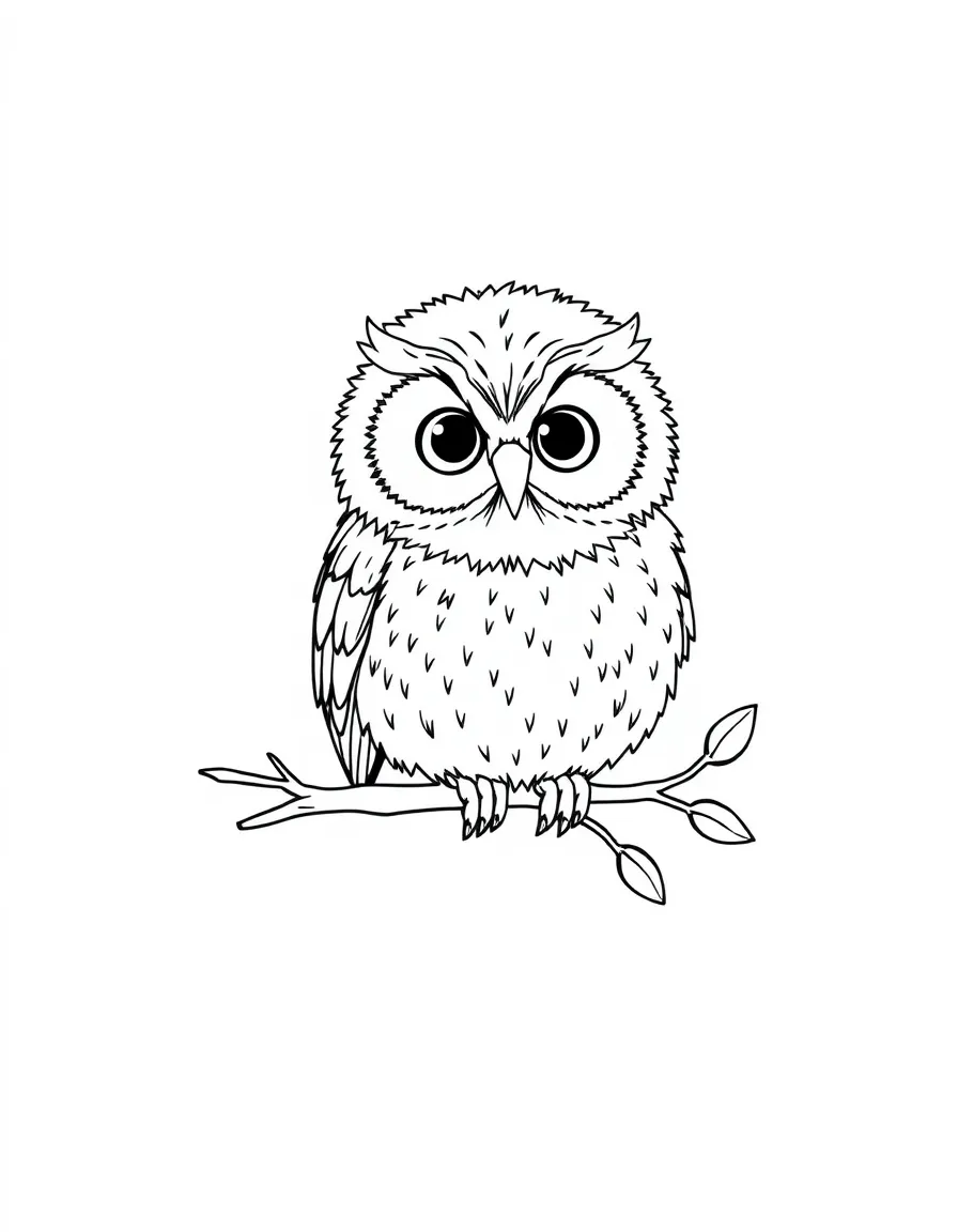 A round fluffy owl sitting on a tiny branch  