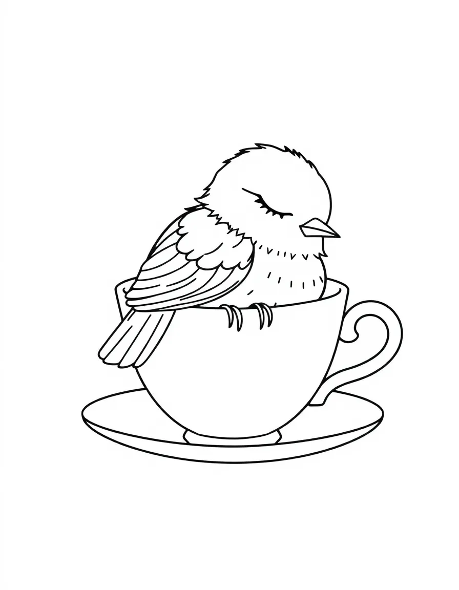 A sleepy bird snuggled inside a teacup  