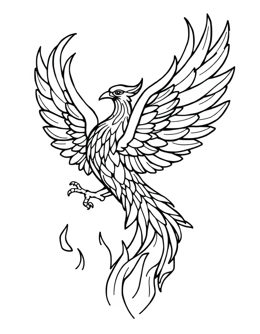 A stained glass-style phoenix rising from flames  