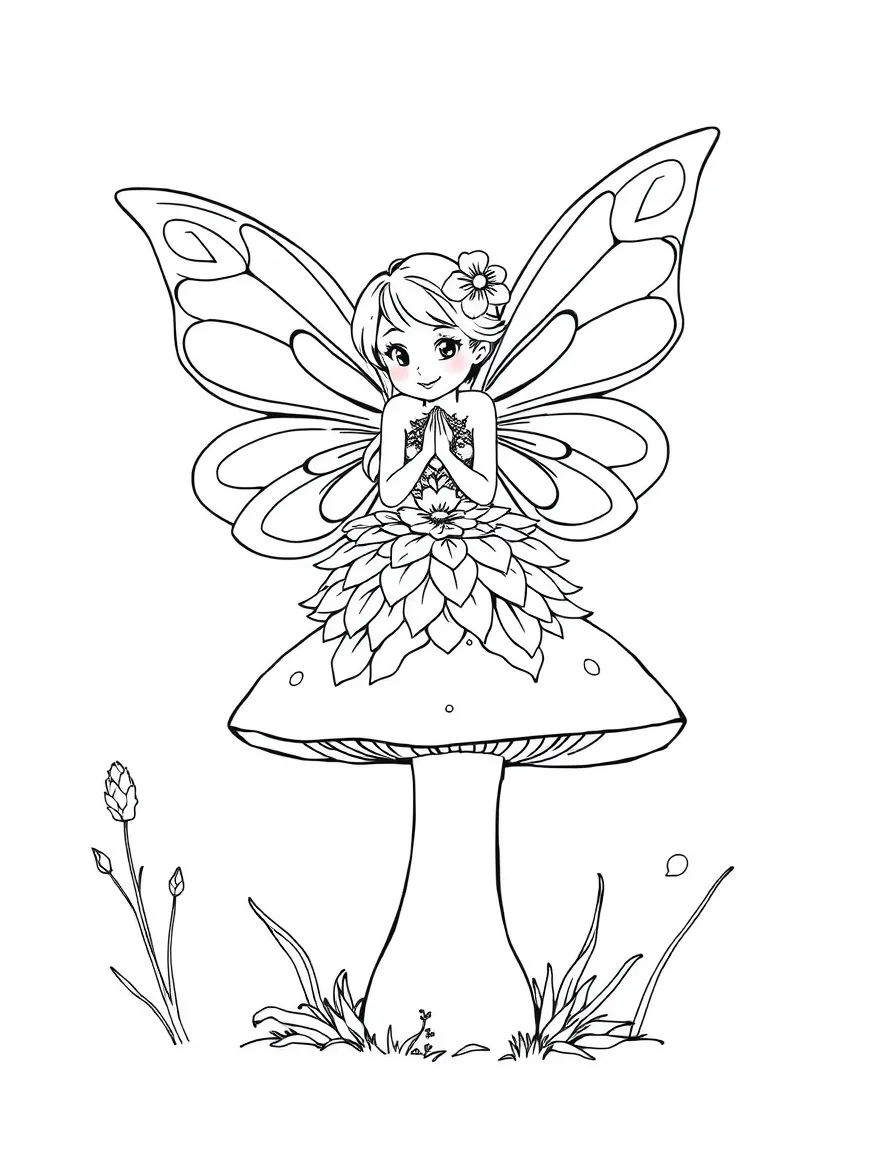 A fairy with butterfly wings sitting on a mushroom, wearing a dress made of flower petals