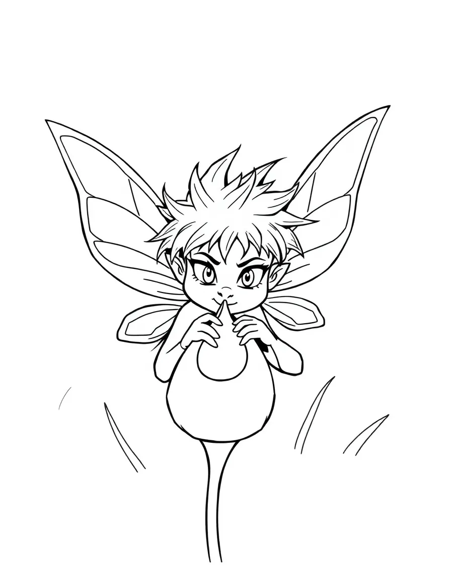 A mischievous fairy with spiky hair hiding behind a dewdrop