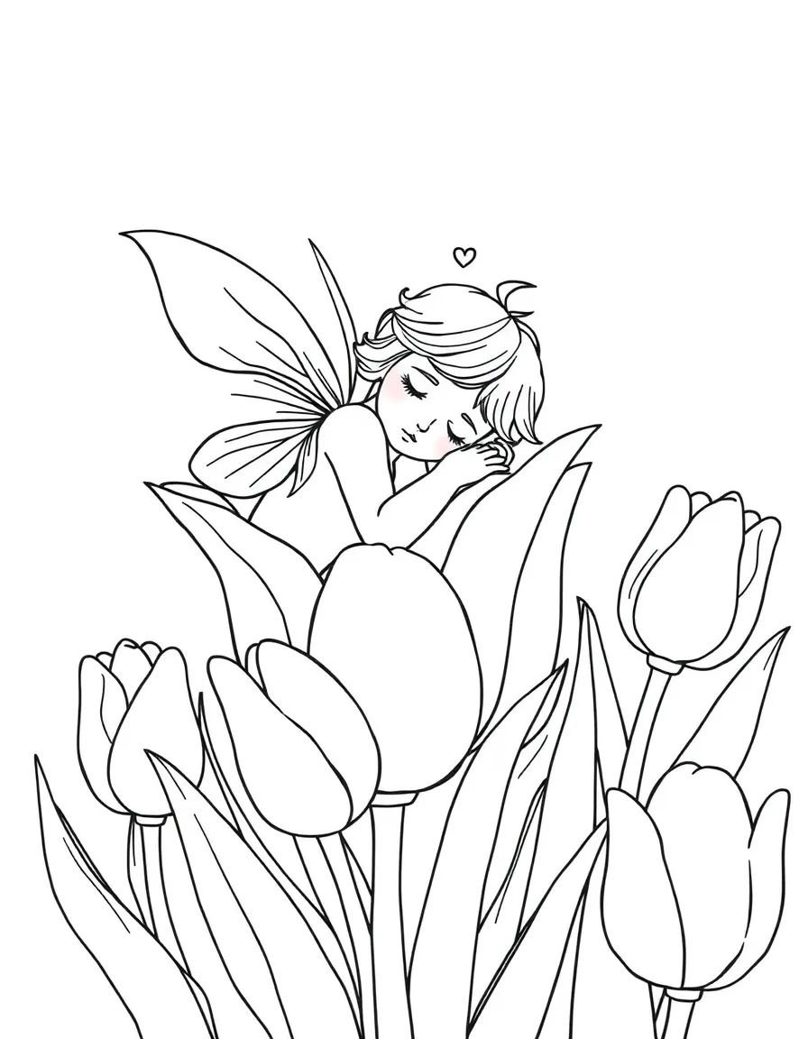 A sleeping fairy curled up in a tulip flower bed