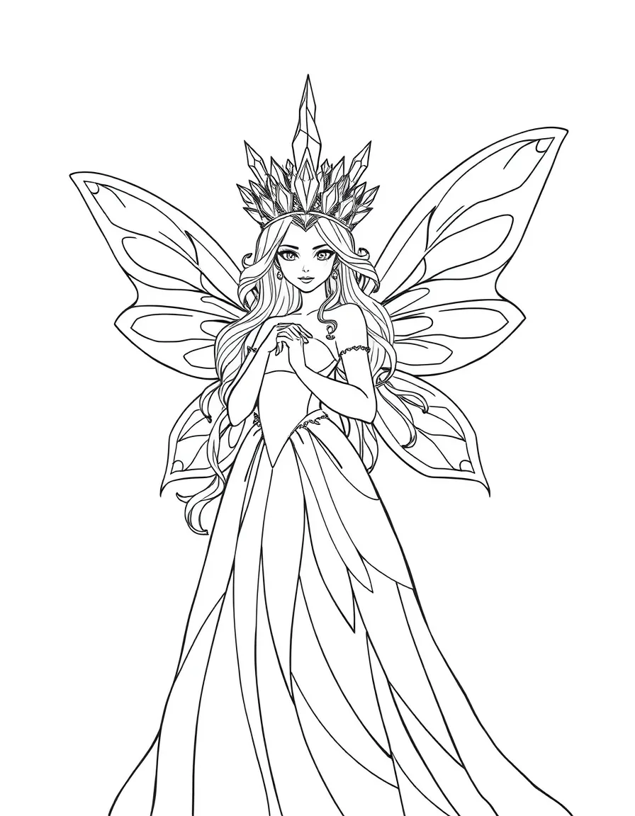 A fairy queen with an elaborate crown of crystals and a flowing gown