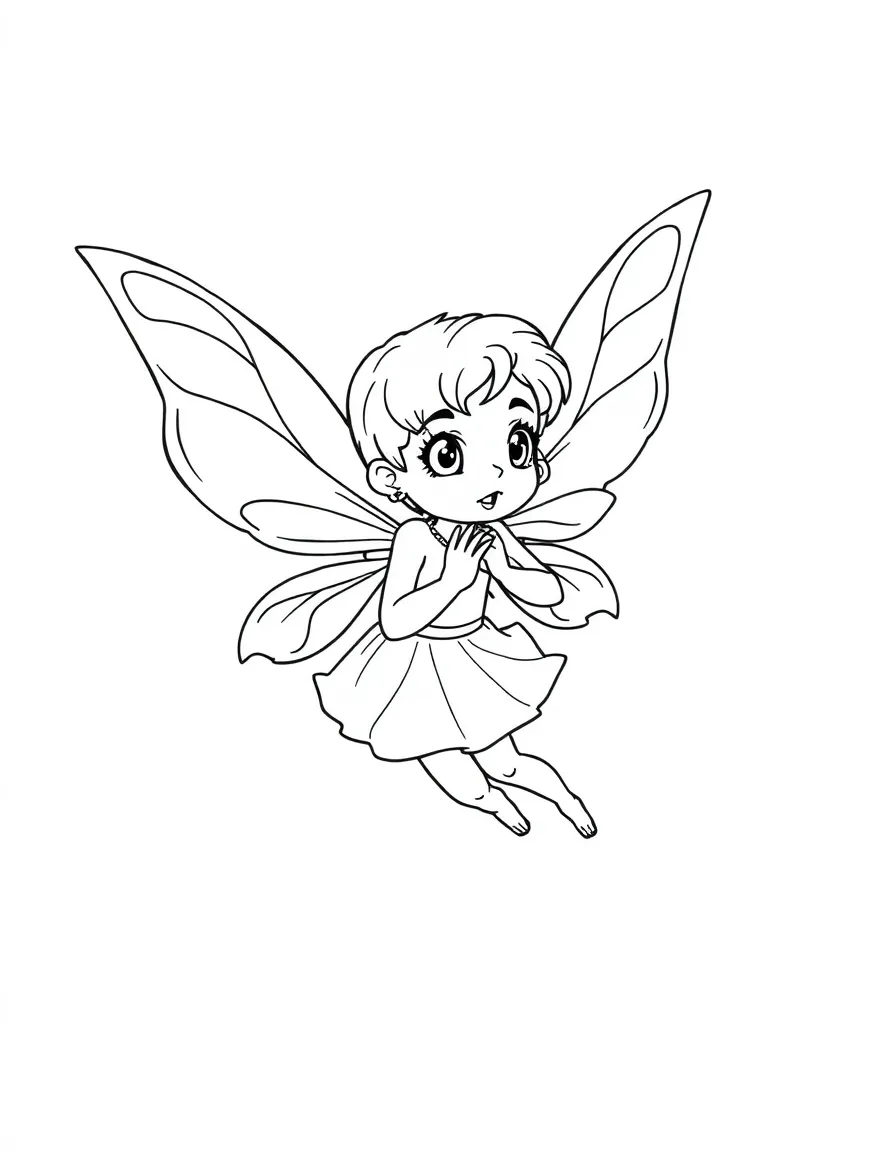 A young fairy learning to fly, with training wings and a determined expression