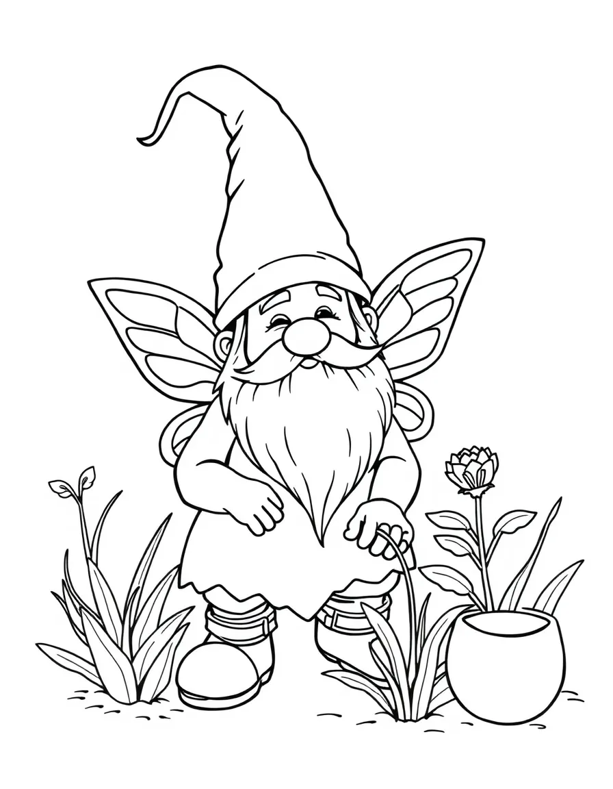 A bearded garden gnome fairy with a pointy hat tending to plants