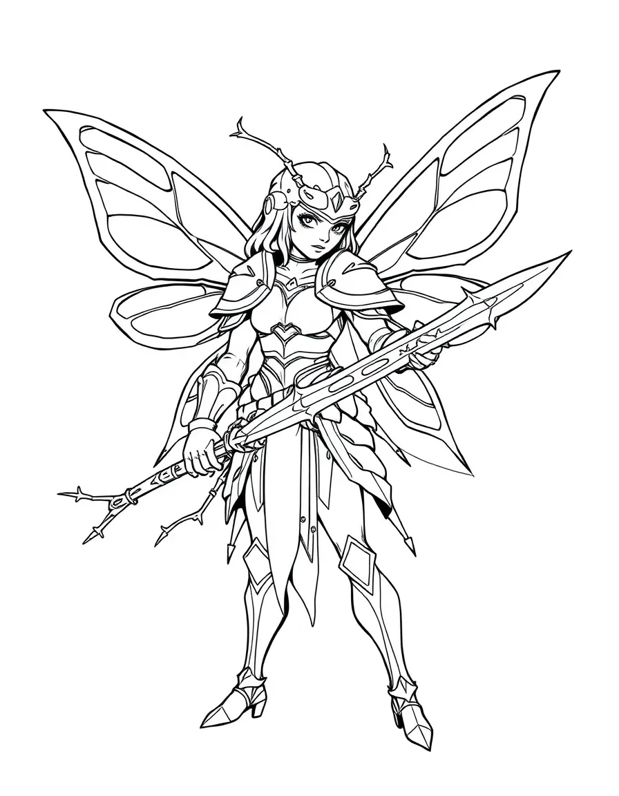 A fairy warrior with armor made of beetle shells and a thorn sword