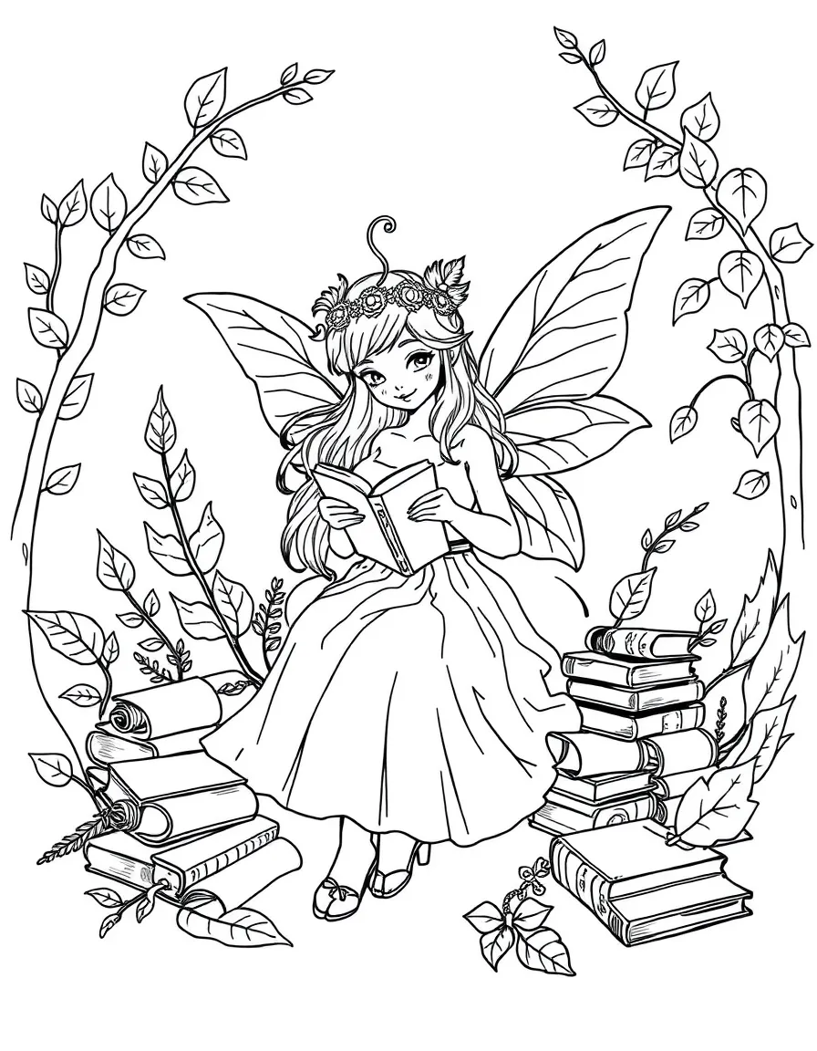 A fairy librarian surrounded by tiny books made of leaves and scrolls