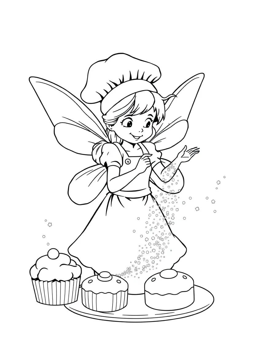 A baker fairy dusting pastries with magical sugar from a tiny sifter