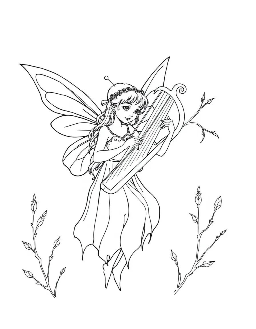 A fairy musician playing a harp made of spider silk and twigs