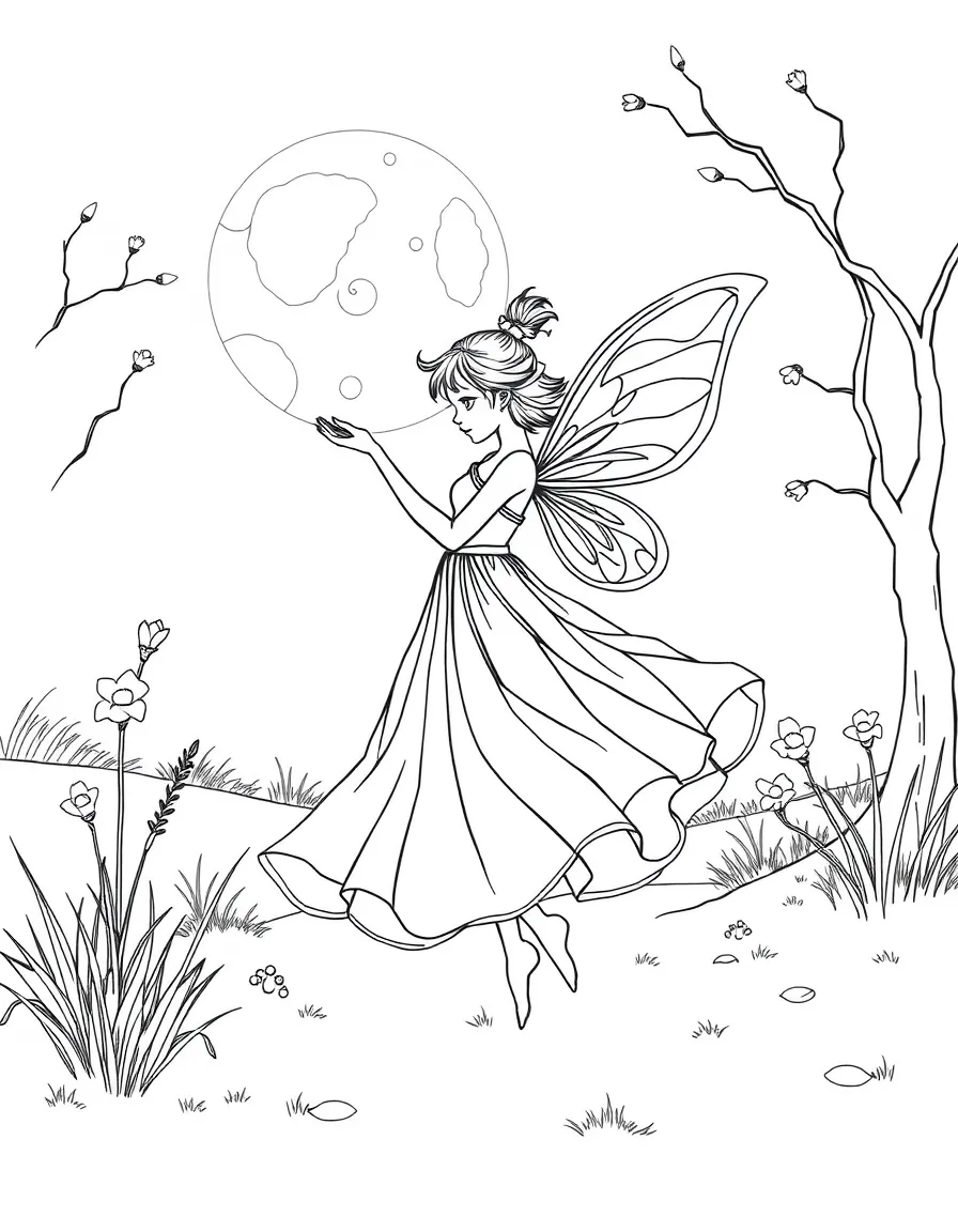 A fairy dancing in a moonlit clearing, her gossamer dress flowing around her