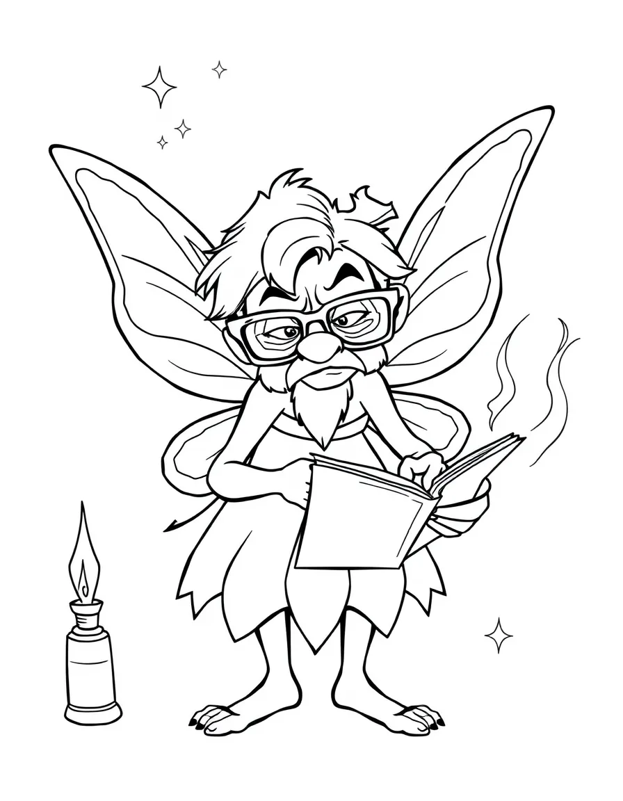 A grumpy elder fairy with spectacles reviewing magical spells