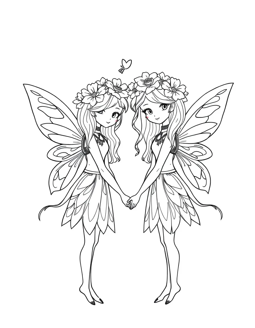 Twin fairy sisters with intertwined flower crowns holding hands