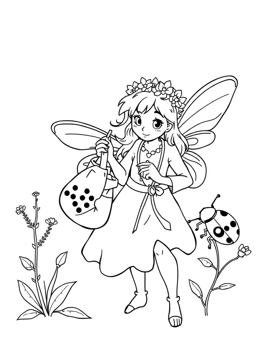 A fairy doctor with a bag of herbal remedies treating a wounded ladybug