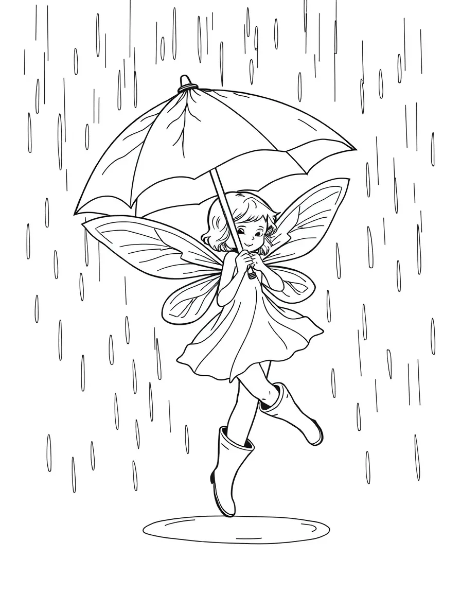 A fairy in rainboots and a leaf umbrella dancing in a rainstorm