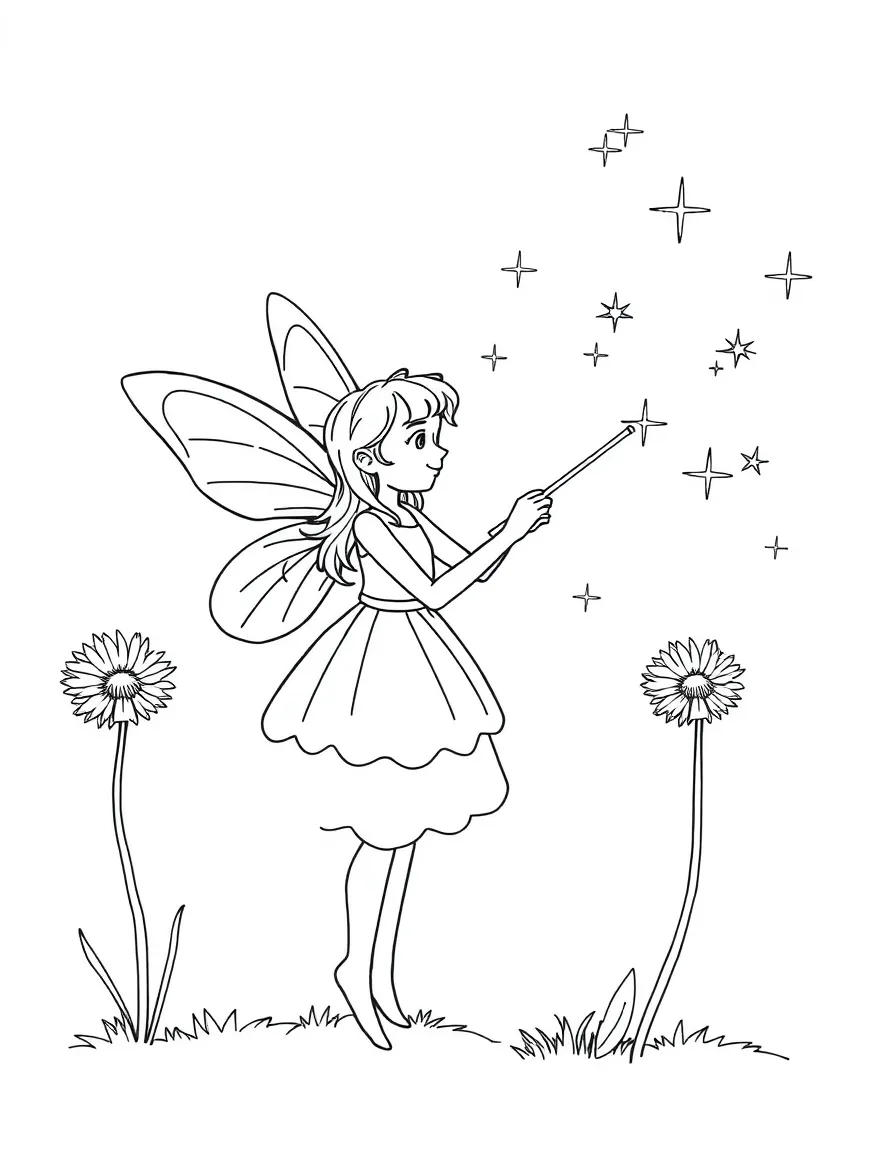A fairy astronomer charting stars using dandelion seeds as measuring tools