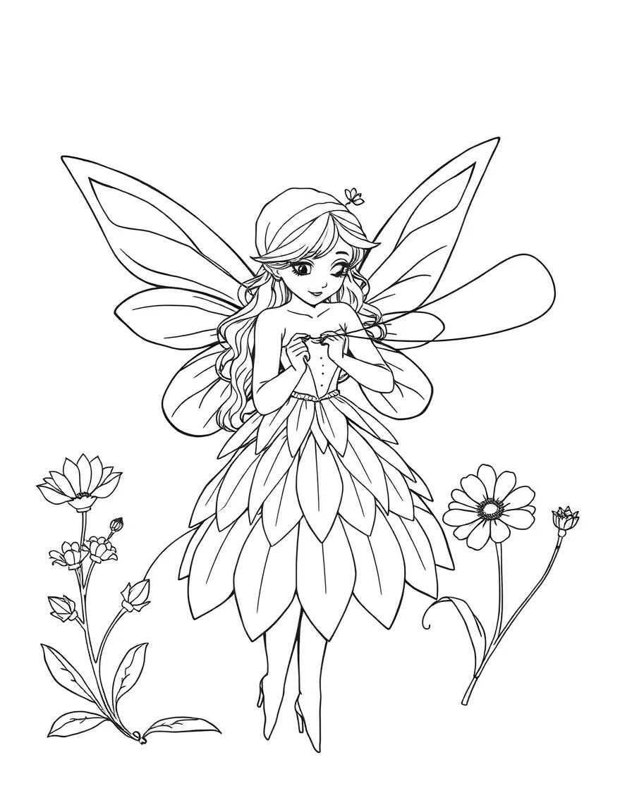 A fairy seamstress using spider silk thread to sew flower petal clothes